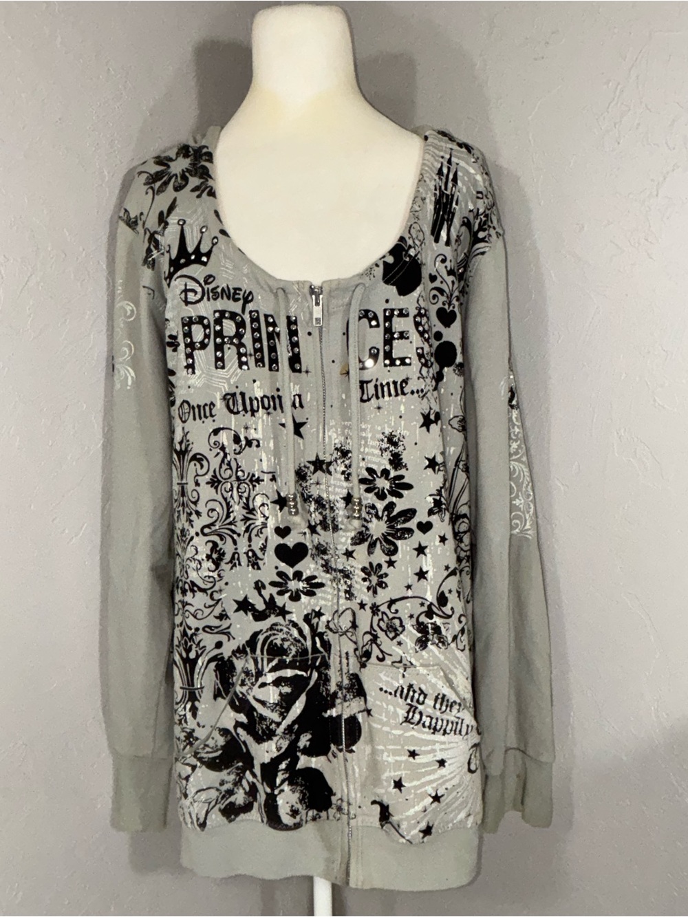 Disney Light Gray Princess Zip Front Hoodie with Black Print